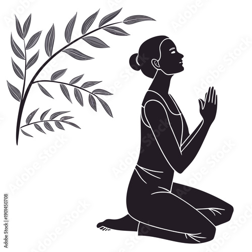 A person kneeling in prayer with a leafy branch in the background