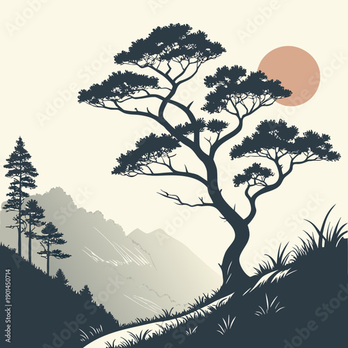 A serene landscape with a lone tree under a setting sun and distant mountains