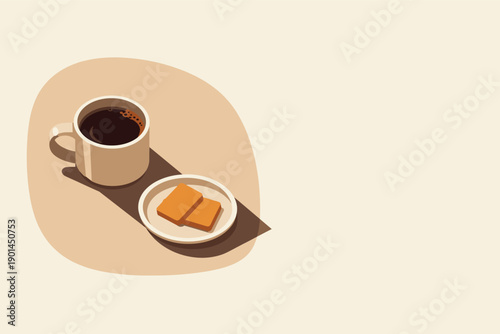 Coffee break minimal scene with simple mug and small plate arranged neatly seen from top-down view, positioned in the left third