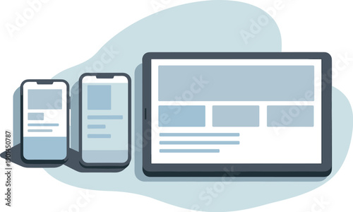 Clean app onboarding screen concept viewed from above with generic phone screens placeholder UI blocks and tablet aligned clearly