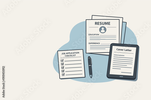 Clean job application toolkit concept viewed from above with generic resume pages checklist card and tablet aligned clearly,