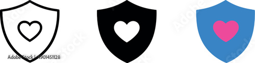 Trust bond symbolized by a shield containing a small heart at its center, matching silhouette displayed three times in a row