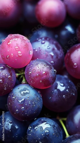 Fresh grapes with water droplets showing their colors in close-up on a smooth surface