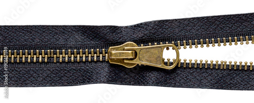 Horizontal Macro of Open Black Metal Zipper with Golden Teeth and Puller Isolated on Transparent and White Background