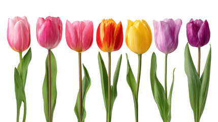 Clean row of spring tulip blossoms in pink red yellow and purple, each with short stem and single leaf, evenly arranged as a botanical icon set isolated on transparent background