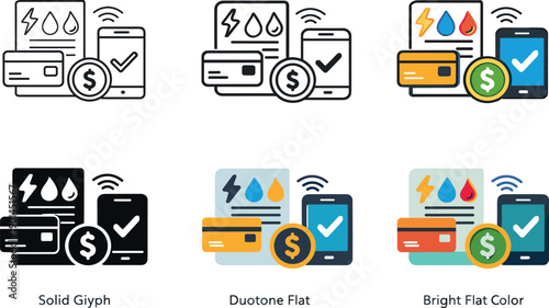 Structured Payment Icon Grid. Online bill payments icon depicting stylized invoices, payment cards, currency symbols, and digital