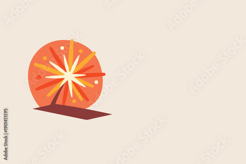 Firework burst badge with simple radial star shape shown in 3/4 view, positioned in the left third of a 3:2 canvas with generous