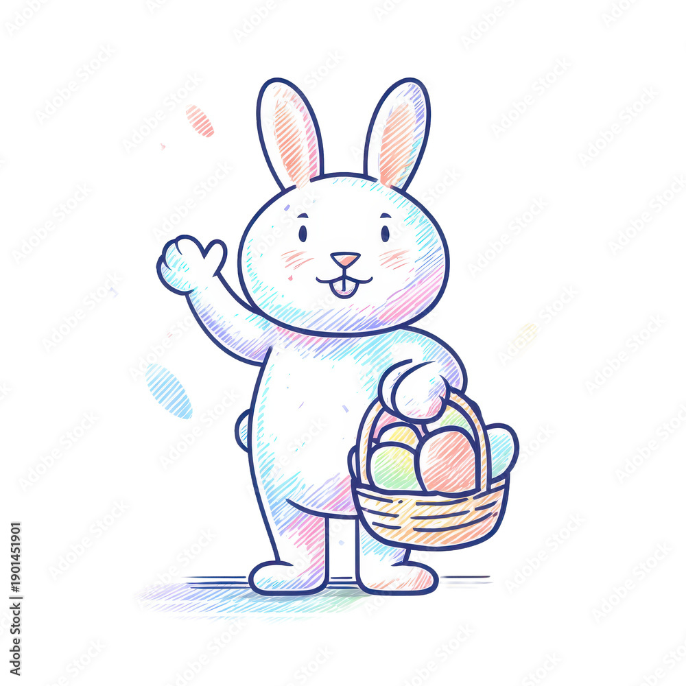 Obraz premium Cute cartoon bunny character standing beside a basket of decorated eggs, smiling and waving, bright pastel colors with clean bold outlines and soft shadow isolated on transparent background
