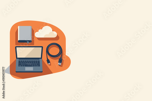 Data backup routine concept with simple external drive cloud icon laptop and cable arranged neatly seen from top-down view,