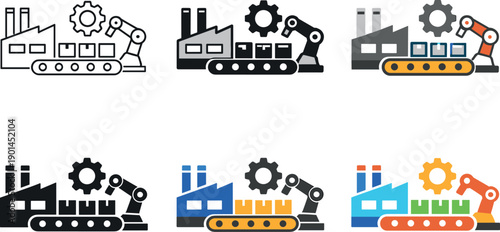 Manufacturing workflow icon featuring a factory building, conveyor belt, gear, and robotic arm, symbolizing industrial production