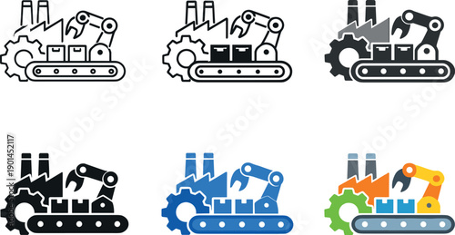 Factory and industrial operations symbol showing a manufacturing plant, gear, robotic arm, and conveyor system, conveying