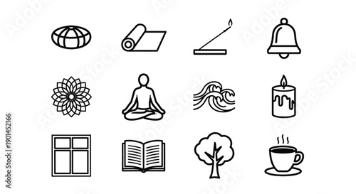 The yoga and meditation icon set includes a human figure.