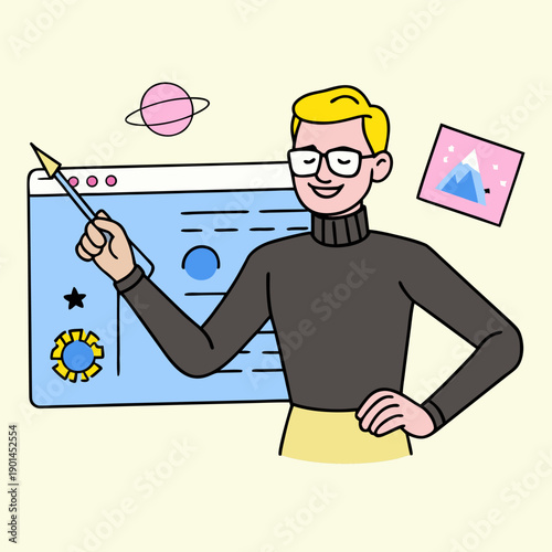 Man Standing in Front of Website Illustration Flat Vector Web Design Concept