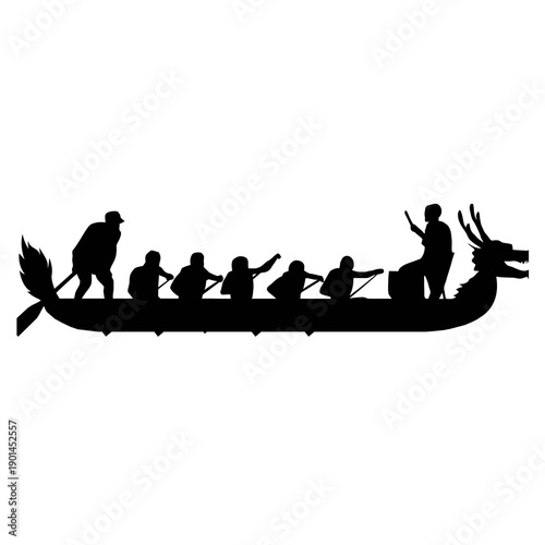 A black silhouette of a dragon boat with rowers and a drummer