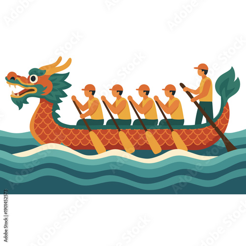 A vibrant dragon boat team paddling through calm waters in a traditional festival celebration