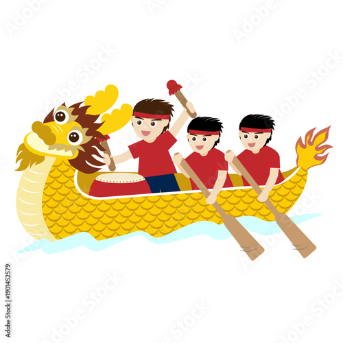 A vibrant illustration of people rowing a dragon boat with oars