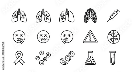 Medical icons display respiratory and laboratory elements.