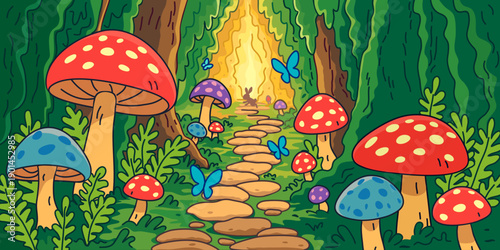 fantastic landscape . Forest with mushrooms and butterflies. illustration to the fairy tale "Alice in Wonderland"	
