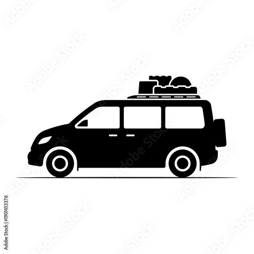 Passenger minivan with a roof rack icon. Black silhouette. Side view. Vector simple flat graphic illustration. Isolated object on a white background.