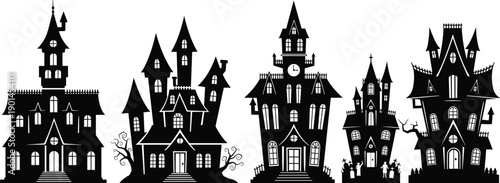Haunted mansion silhouettes, spooky gothic houses, Halloween horror buildings, creepy architecture, scary fantasy homes, black and white vector illustration set