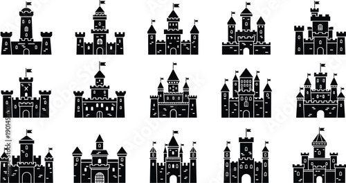 Medieval castle silhouettes collection, fantasy fortress towers, fairytale kingdom buildings, royal stronghold icons, historic architecture, black and white vector illustration set