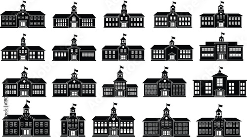 School building silhouettes collection, university campus architecture, educational institutions, academy facades, public education icons, black and white vector illustration set