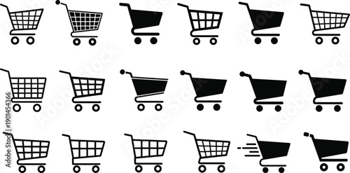 Shopping cart silhouettes collection, ecommerce trolley icons, online retail symbols, supermarket basket designs, consumer commerce, black and white vector illustration set