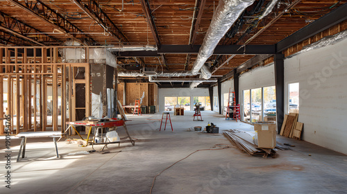 Construction site showing the interior of a building with open space and work tools during a sunny daytime