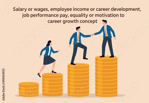 Salary or wages, employee income or career development, job performance pay, equality or motivation to career growth concept, business people on growing money coins as salary or wages payment