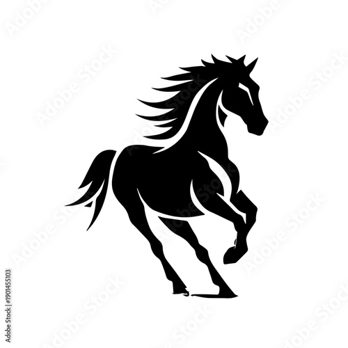 A majestic black horse galloping freely across a vast open field under a clear blue sky