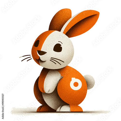 A 3d rendered orange and white bunny with a playful expression and a carrot in its paw
