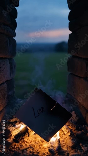 A love letter burning in a fireplace, symbolizing a breakup or lost love