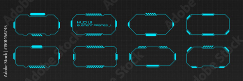 Futuristic HUD frames with cyberpunk tech elements. Digital interface borders for game UI design. Display with glowing blue lines and modern geometric shapes.
