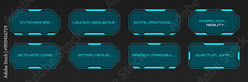 Futuristic HUD frame with cyan borders and digital elements. Cyberpunk gaming interface design with modern geometric shapes