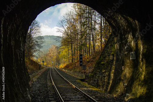 view from the tunnel to the autumn mountain track