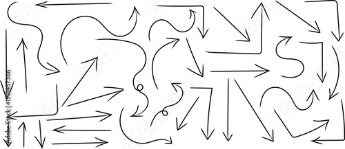 A complex arrangement of arrows on a white background with various directions and styles