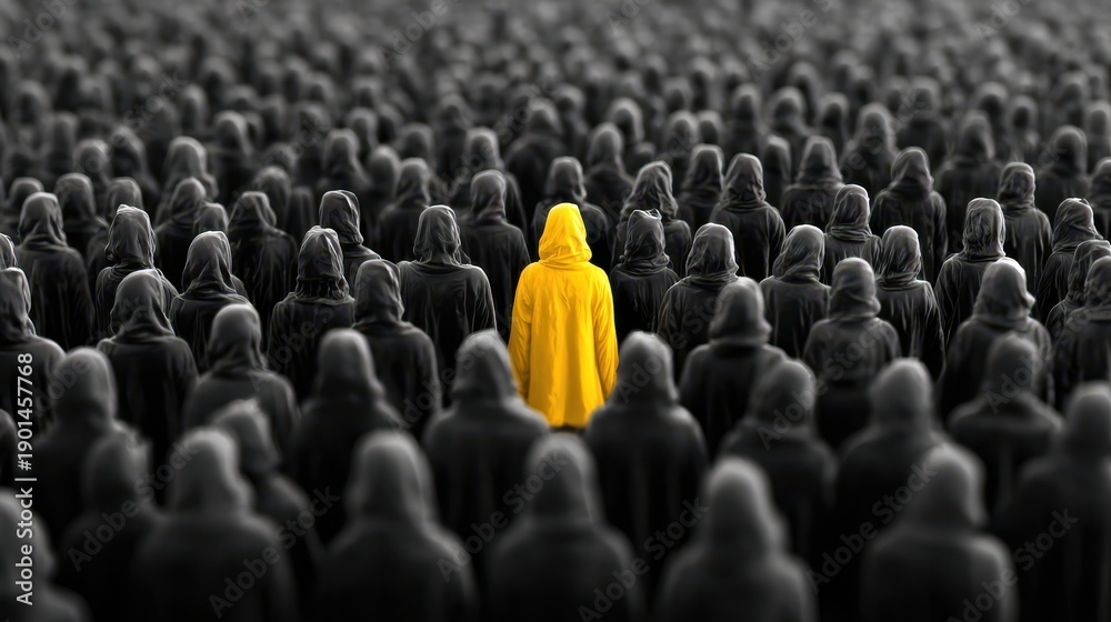 Obraz premium A lone person in a yellow hoodie stands out in a crowd of people in black hoodies