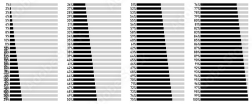 Black progress bar set from 1 to 100 percent horizontal loading indicator vector illustration. Minimal black horizontal progress bars showing percentage values from 1% to 100%. Ideal for dashboards.