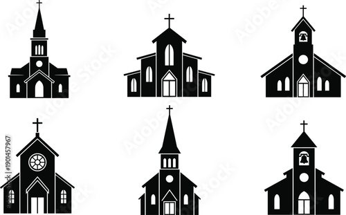 Church building silhouettes collection, Christian chapel architecture, religious worship icons, faith symbols, spiritual landmarks, black and white vector illustration set