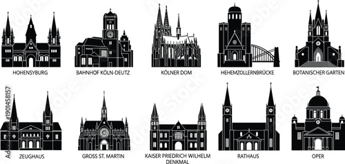 Cologne landmark silhouettes, Hohensyburg, Cologne Cathedral, Hohenzollern Bridge, city architecture icons, German travel destinations, black vector illustration