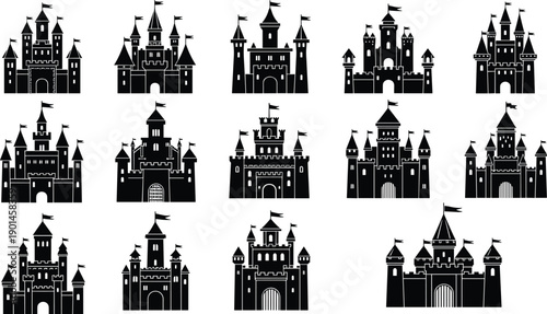Fantasy castle silhouettes collection, medieval fortress towers, fairytale royal buildings, kingdom architecture icons, black and white vector illustration set