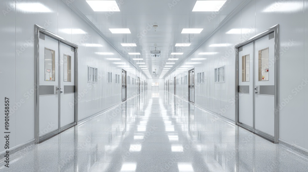 Fototapeta premium Modern sterile white hallway with reflective floor and doors