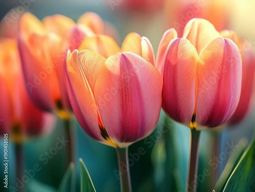 Tulips bloom in spring sunlight at a garden filled with colorful flowers