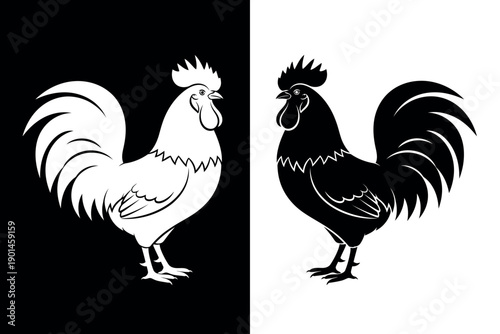 Black and white rooster silhouettes on contrasting backgrounds