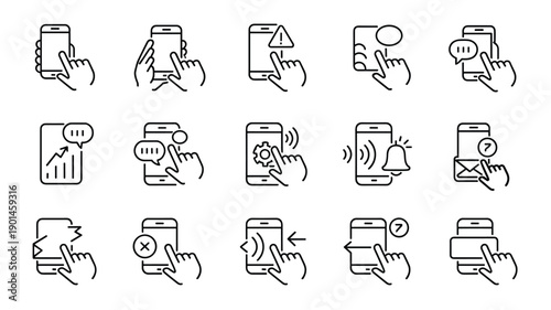 Mobile app interface icon set with various hand gestures for user interaction and navigation elements