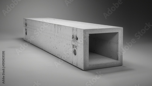 Black and white image of a reinforced concrete beam with prestressing and pre-casting