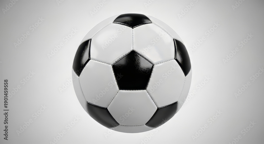 Naklejka premium A classic black and white soccer ball, showcasing its iconic pentagonal and hexagonal pattern against a simple gradient background.