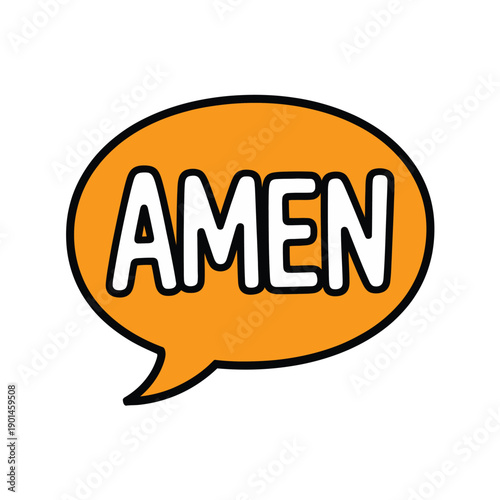 A cartoon speech bubble with the word Amen written in white letters on an orange background.