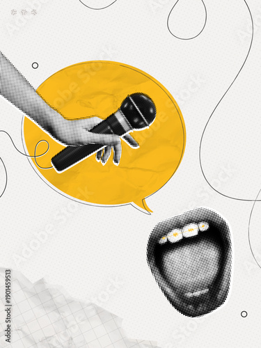 Trendy Halftone Collage Podcast with Interview. Open Mouth with speech bubble message and Hand with Microphone. Public speaker. Journalist or reporter with news. Contemporary vector illustration art