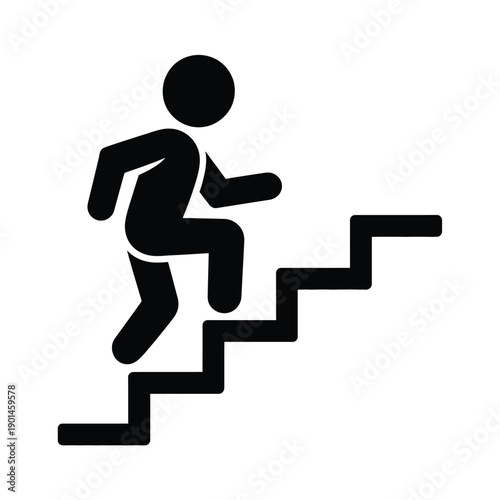 A black icon of a person running up a staircase, symbolizing progress and motivation